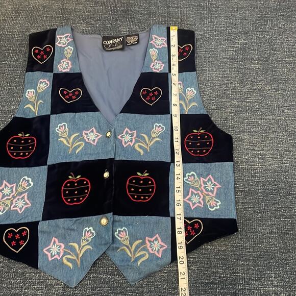 Vintage Denim Vest Velvet Patchwork Embroidery - Size Large - Picture 4 of 6